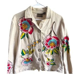 Vintage Bohemian Embroidered Lightweight‎ Button Front Cotton Jacket M